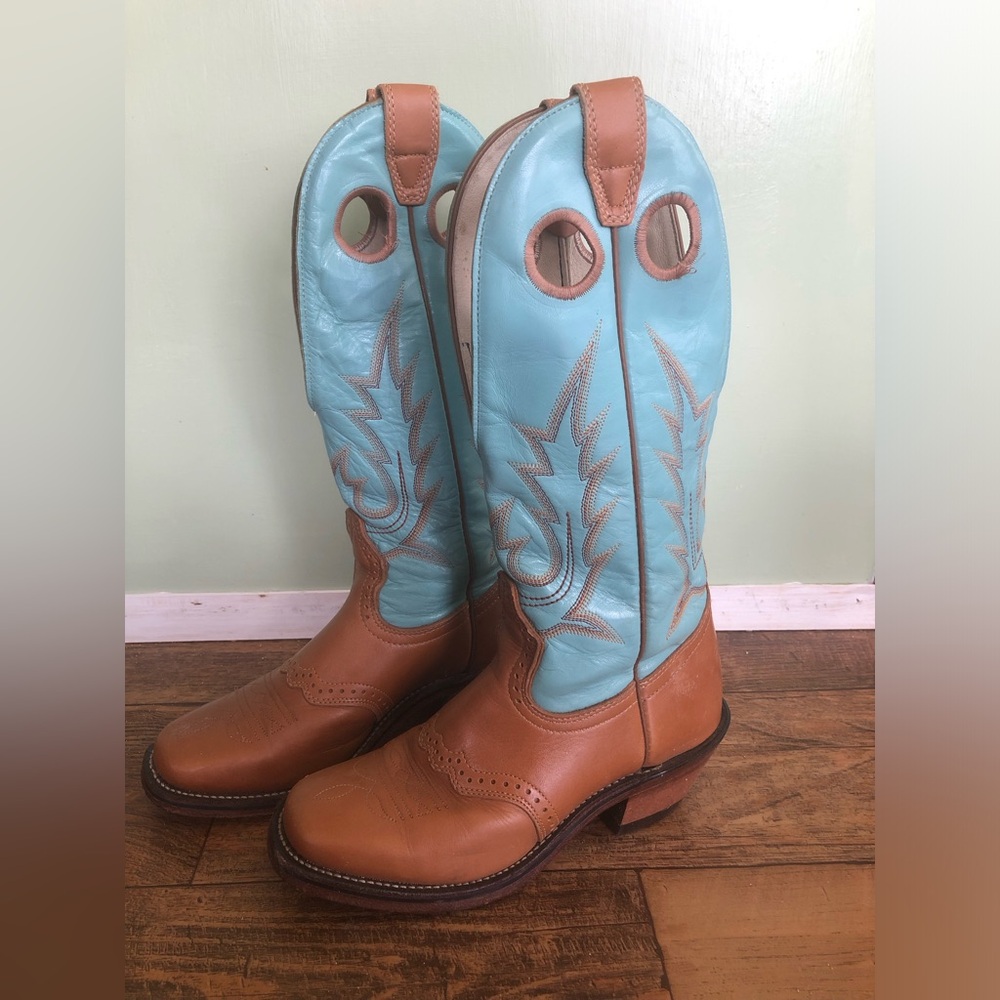 Boulet Canada Cowboy Boots Turquoise Women's Size 6 Square Toe Blue Brown Tall